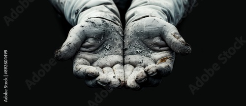  A tight shot of grubby hands smeared with white paint and soil © Jevjenijs