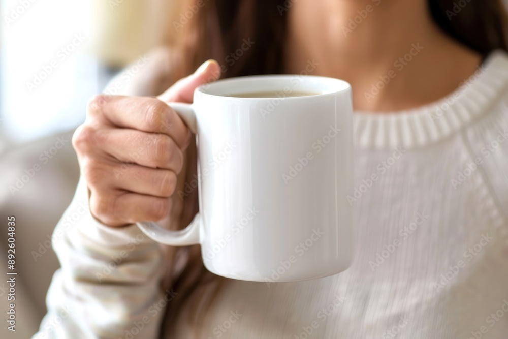 A Woman Is Holding A White Coffee Mug In Her Hand A Woman Is Holding A White Coffee Mug In Her Hand