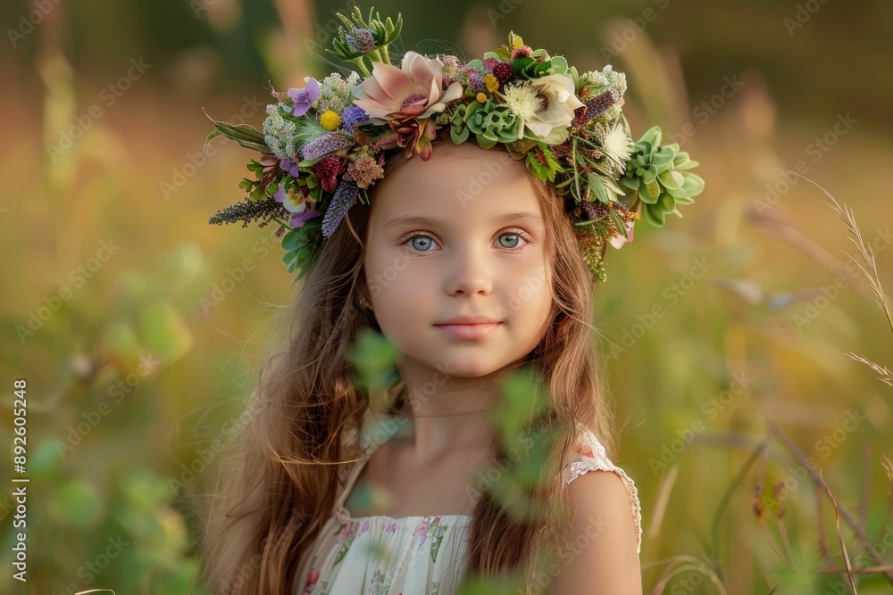 A young girl wearing a flower wreath stands gracefully in a lush green meadow with a dreamy backdrop of nature A young girl wearing a flower wreath stands gracefully in a lush green meadow with a dreamy backdrop of nature
