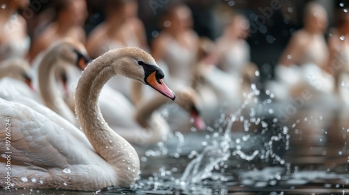 Several graceful swans swim serenely in the water together, creating an image of peaceful harmony and natural beauty with splashes around, highlighting their purity and elegance. photo