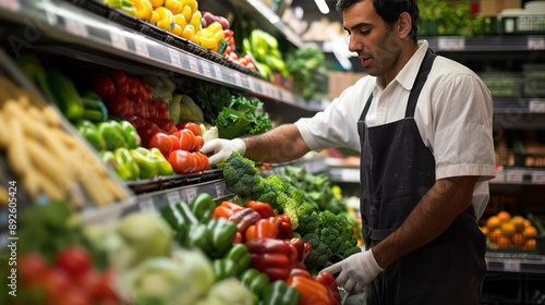 Supermarket worker stocking fresh produce on shelves.