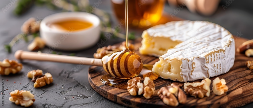A cheese piece sits atop a wooden cutting board Nearby, a bowl of honey rests, accompanied by a wooden spoon A cheese piece sits atop a wooden cutting board Nearby, a bowl of honey rests, accompanied by a wooden spoon