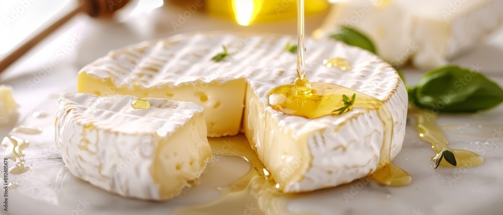 A cheese sits on a plate, drizzled with honey Other cheeses rest in the background A cheese sits on a plate, drizzled with honey Other cheeses rest in the background