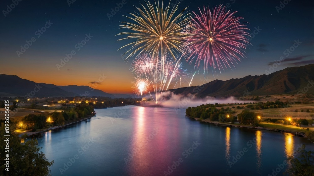 Fireworks Display Over River and Mountains at Dusk Fireworks Display Over River and Mountains at Dusk