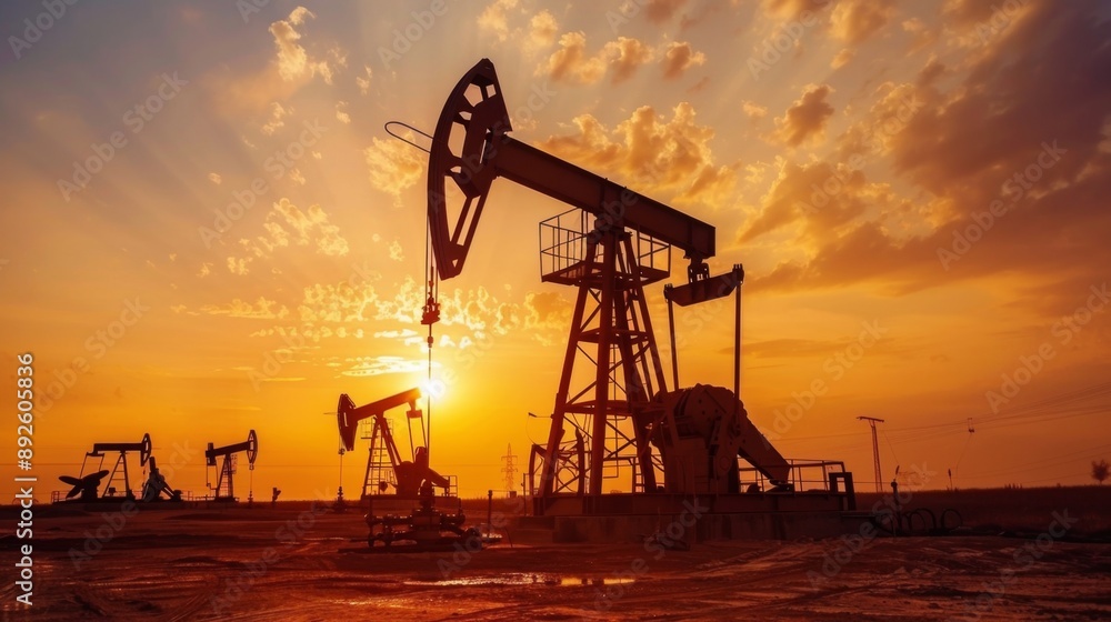 Oil Pump Jacks Silhouetted Against Sunset. Oil Pump Jacks Silhouetted Against Sunset.