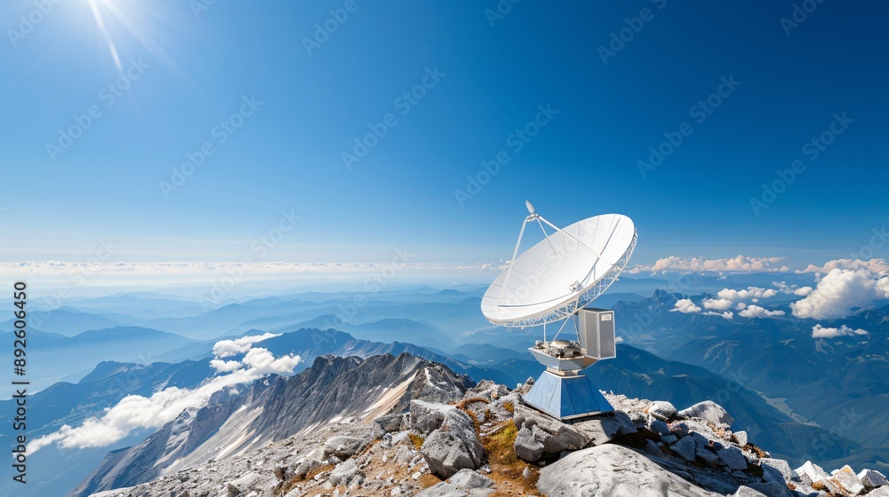 Connecting the World: Satellite Dish on Remote Mountain Peak Symbolizing Global Communication Connecting the World: Satellite Dish on Remote Mountain Peak Symbolizing Global Communication