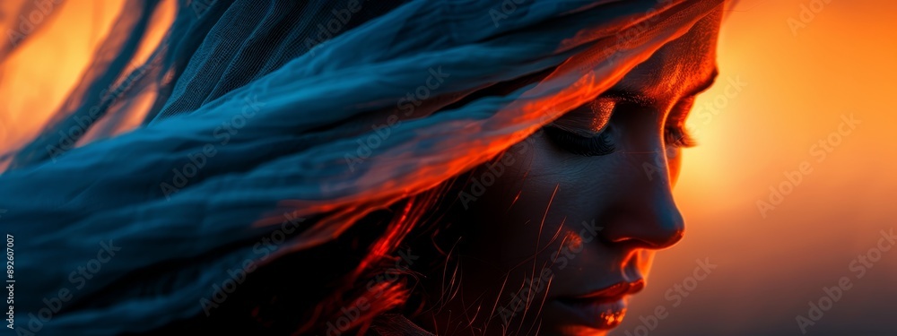 A woman with closed eyes wears a feathered headdress in a close-up shot A woman with closed eyes wears a feathered headdress in a close-up shot
