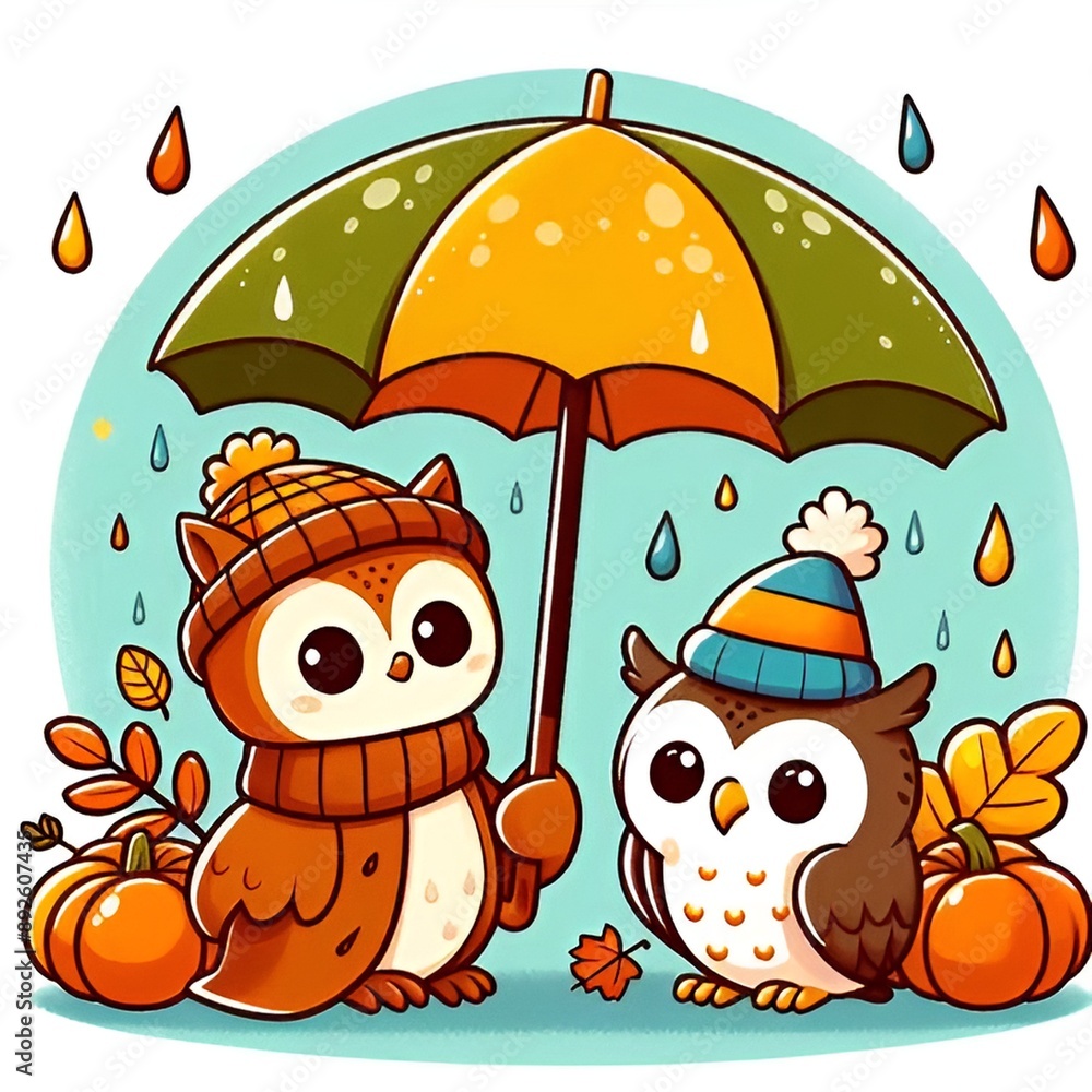 Obraz premium Cartoon style owls under an umbrella in the autumn rain on a white background, flat colors