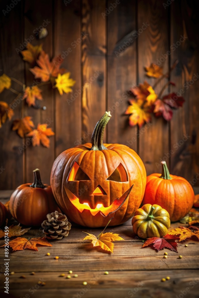 Festive autumn scene with carved pumpkins and colorful leaves. Festive autumn scene with carved pumpkins and colorful leaves.