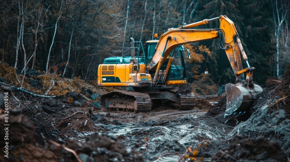 Yellow Excavator Working in a Forest. Yellow Excavator Working in a Forest.