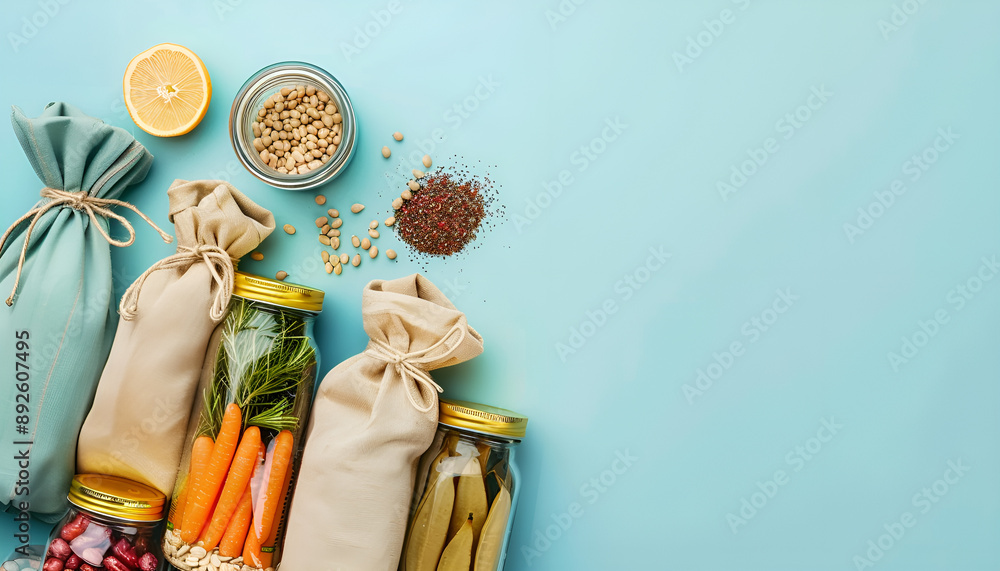Fototapeta premium Zero waste shopping concept - groceries in textile bags and glass jars, top view
