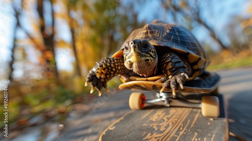 An exciting close-up image of a turtle speeding on a skateboard over a smooth road, capturing the essence of thrill and velocity in a small creature's life. photo