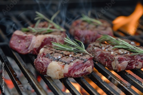 As the ribeye steaks sizzle and sear on the grill over the open flame, their succulent aroma