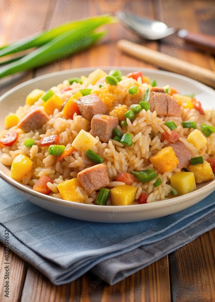 Hearty bowl of ham and potato salad with mixed vegetables. Hearty bowl of ham and potato salad with mixed vegetables.