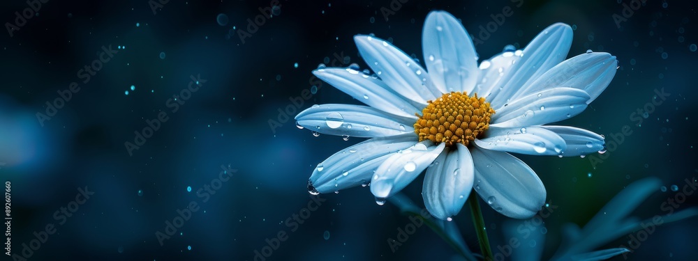 A blue flower in focus, adorned with water droplets Background softly blurred with a yellow hue A blue flower in focus, adorned with water droplets Background softly blurred with a yellow hue