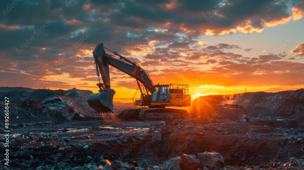 Excavator working at sunset. Excavator working at sunset.