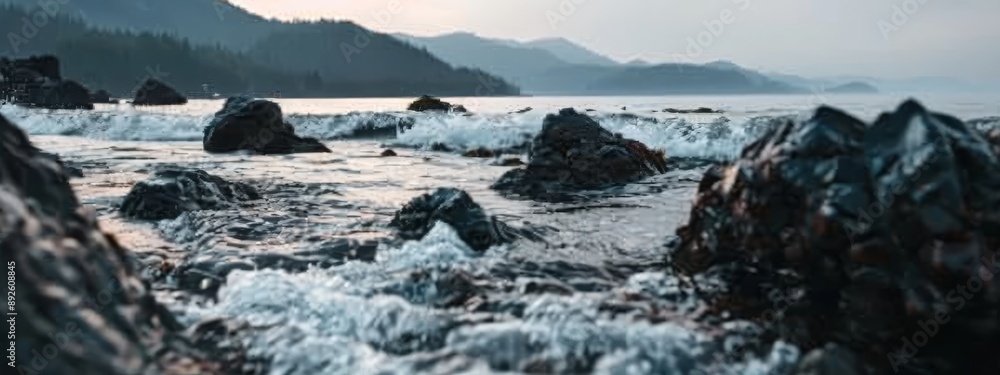 A body of water with rocks in the foreground and a distant mountain range covered in trees A body of water with rocks in the foreground and a distant mountain range covered in trees