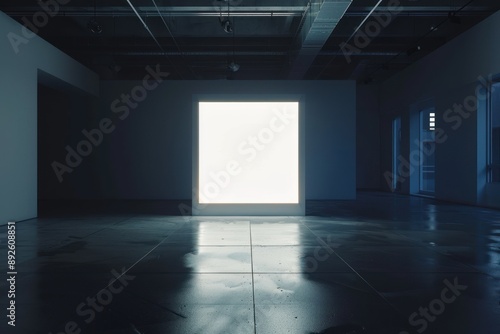 Backlit empty gallery panel in a darkened room. Minimalist design concept