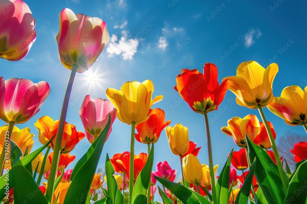 beautiful blooming tulip field on abstract blue sky in springtime, floral concept beautiful blooming tulip field on abstract blue sky in springtime, floral concept