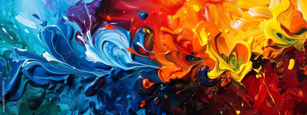 A detailed view of a multihued painting, adorned with copious paint splatters along its edge A detailed view of a multihued painting, adorned with copious paint splatters along its edge