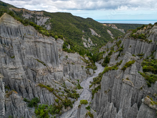 Obraz na plátne Aerial perspective of the unique clay cliff valley used as a film set for the Paths of Dead during LOTR the return of the King
