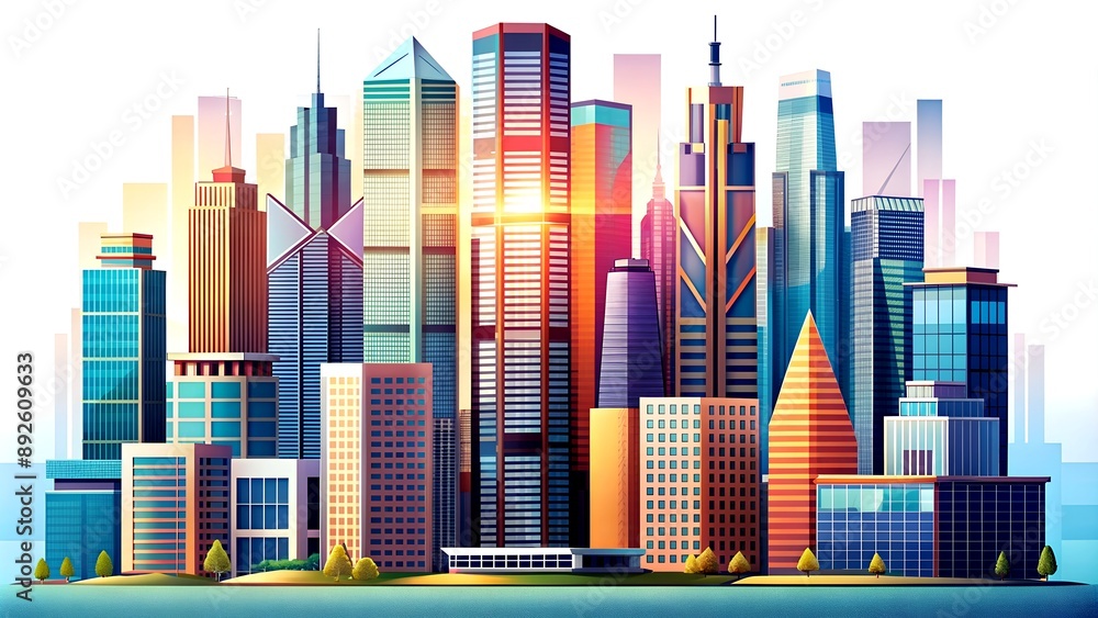 Obraz premium A Cityscape of Steel and Glass: A Geometric Symphony of Modern Architecture in an Urban Landscape Generative Art IA