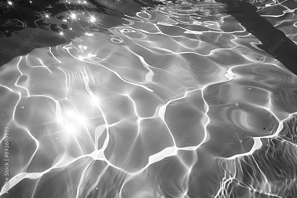 Obraz premium black and white overlay water surface with bright sun light reflections, water in swimming pool background close