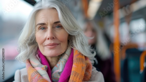 An older woman with gray hair rides a bus, wrapped in a colorful scarf. Her confident expression and soft gaze reflect wisdom and contentment amid the urban backdrop. photo