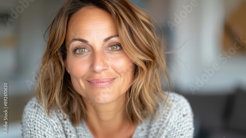 A serene woman with short brown hair, wearing a knit sweater, is smiling warmly while indoors, appearing relaxed and at peace with her surroundings.