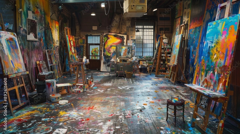 Artist's Studio with Colorful Paintings and Spilled Paint. Artist's Studio with Colorful Paintings and Spilled Paint.
