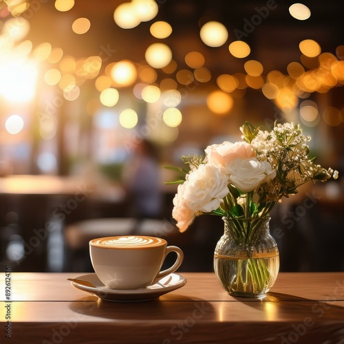  vase of flowers on table and latte