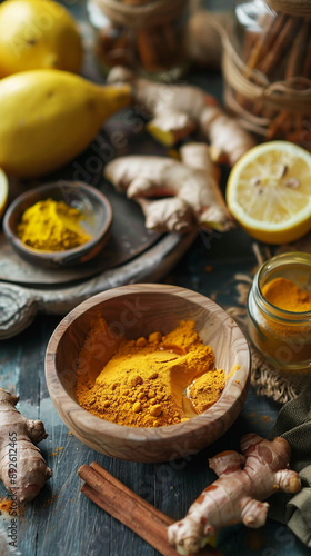 Wooden Bowl Setup with Turmeric, Lemon Water, and Jojoba Oil for Body Scrub Ingredients Photoshoot 