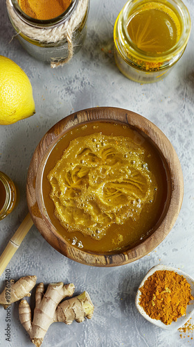 Wooden Bowl Setup with Turmeric, Lemon Water, and Jojoba Oil for Body Scrub Ingredients Photoshoot
 photo