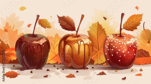 Three Caramel Apples with Fall Leaves