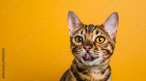 satisfied bengal cat licking lips after eating on orange background