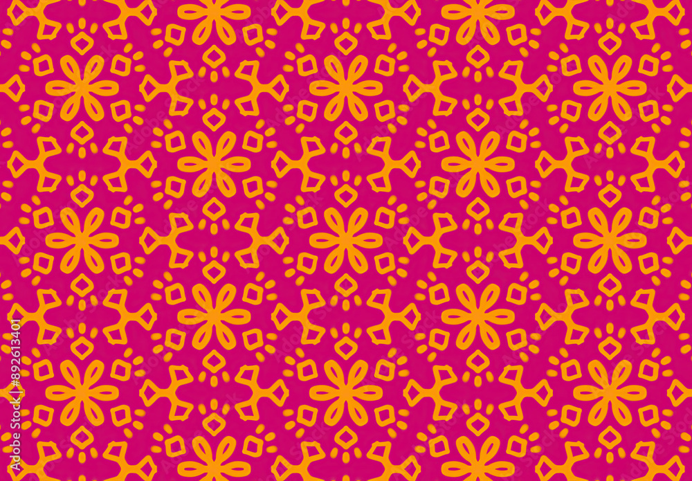 Vibrant Blooms: A seamless pattern of stylized flowers in bold fuchsia and orange hues, radiating energy and joy. Perfect for textiles, backgrounds, and festive designs. Vibrant Blooms: A seamless pattern of stylized flowers in bold fuchsia and orange hues, radiating energy and joy. Perfect for textiles, backgrounds, and festive designs.