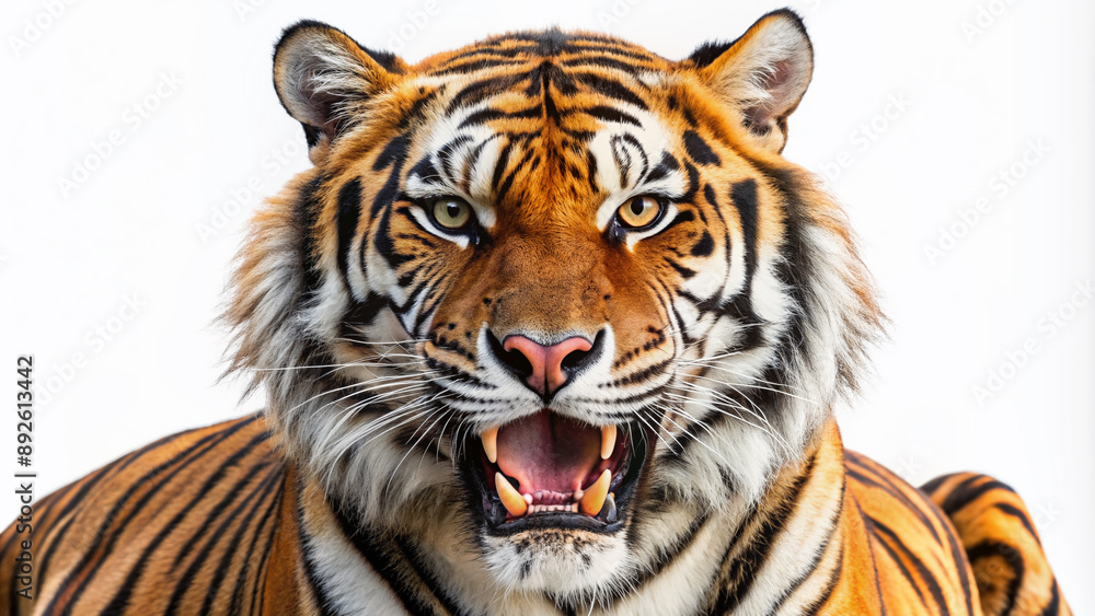 Fototapeta premium Fierce tiger roaring intensely, isolated on a pure white background, showcasing its powerful muscles and vibrant orange stripes with a sharp, regal expression.