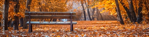 Wallpaper Mural Serene Autumn Park Scene: Empty Wooden Bench Amidst Vibrant Fall Foliage. Tranquil Garden Landscape with Golden-Orange Leaves in September or October. Peaceful Forest Scenery, 4K High-Resolution Wallp Torontodigital.ca