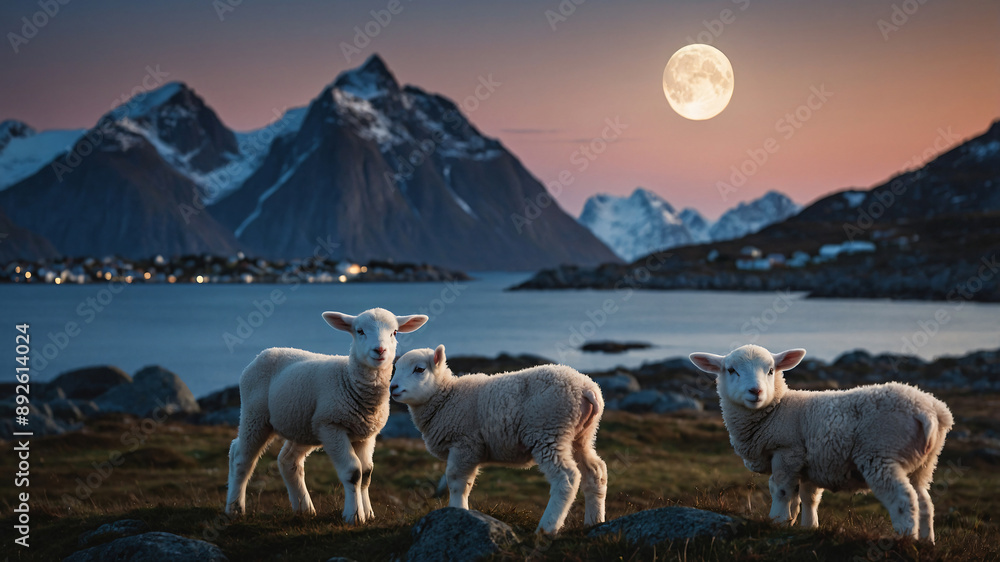 Fototapeta premium Lambs in mountain night landscape.