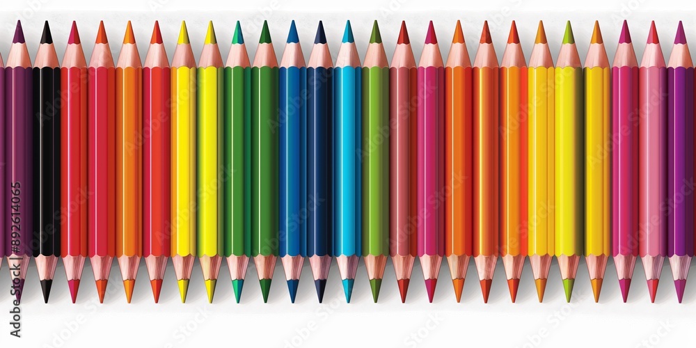 A row of colored pencils are lined up in a row. The pencils are of different colors and are arranged in a rainbow pattern. Concept of creativity and artistic expression A row of colored pencils are lined up in a row. The pencils are of different colors and are arranged in a rainbow pattern. Concept of creativity and artistic expression