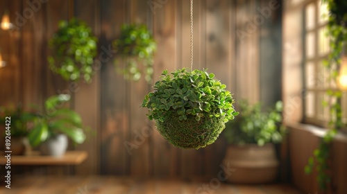 Cozy Interior with Hanging Kokedama and Cascading Ivy
