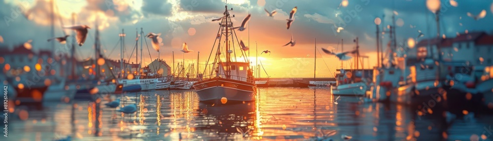 Vibrant harbor scene with docked boats, seagulls, and a sunset sky, tilt-shift blur effect, focus on details, dynamic, manipulation, harbor backdrop Vibrant harbor scene with docked boats, seagulls, and a sunset sky, tilt-shift blur effect, focus on details, dynamic, manipulation, harbor backdrop