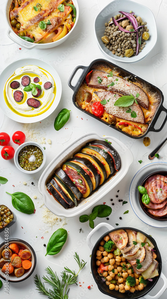 Elevated Studio Food Photography Displaying an Assortment of Dishes Including Vegetable Lasagna with Sliced Eggplant with Chickpeas Elevated Studio Food Photography Displaying an Assortment of Dishes Including Vegetable Lasagna with Sliced Eggplant with Chickpeas