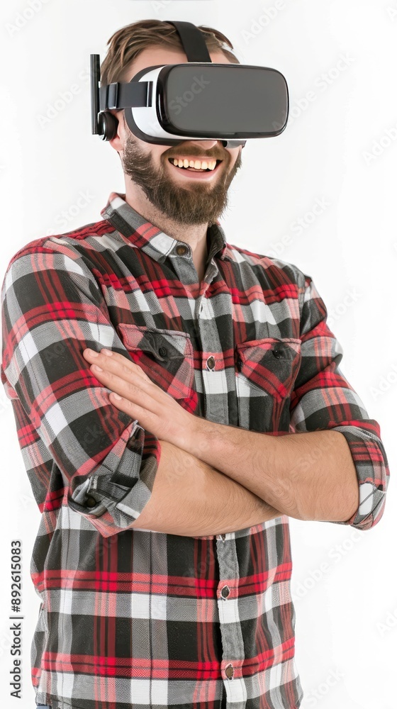 A man wearing a VR headset is sitting on a couch in a living room, smiling and looking at something in the virtual world A man wearing a VR headset is sitting on a couch in a living room, smiling and looking at something in the virtual world