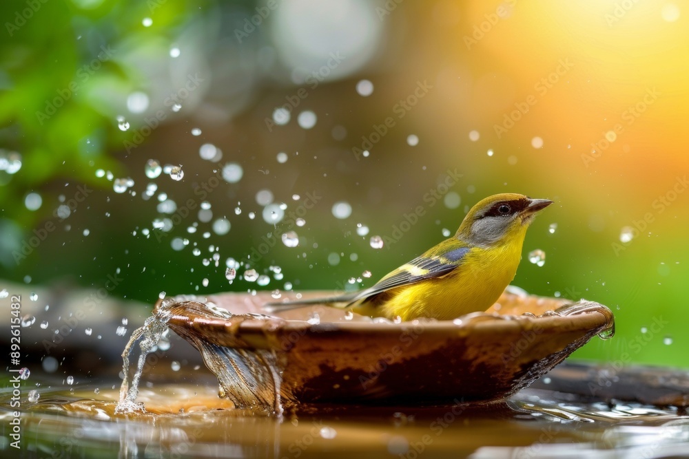 A vibrant yellow bird enjoys a refreshing bath in a garden water dish, surrounded by splashing droplets and lush greenery.
A vibrant yellow bird enjoys a refreshing bath in a garden water dish, surrounded by splashing droplets and lush greenery.