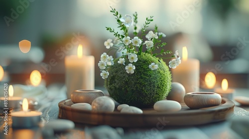 Elegant Dining Table Centerpiece with Kokedama and Flowering Plant