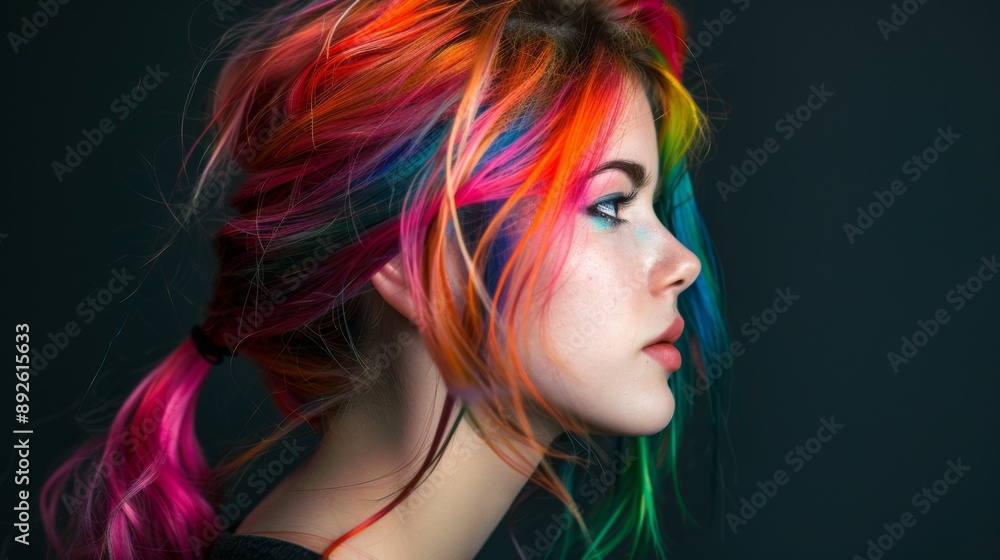 Naklejka premium A young woman with vibrant colored hair, experimenting with bold hair dye