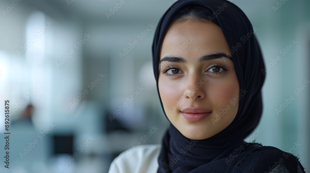 Confident hijab girl portrait, clean minimal office, seeing in camera, white setting, ultra-wide angle shot, professional photography. Confident hijab girl portrait, clean minimal office, seeing in camera, white setting, ultra-wide angle shot, professional photography.