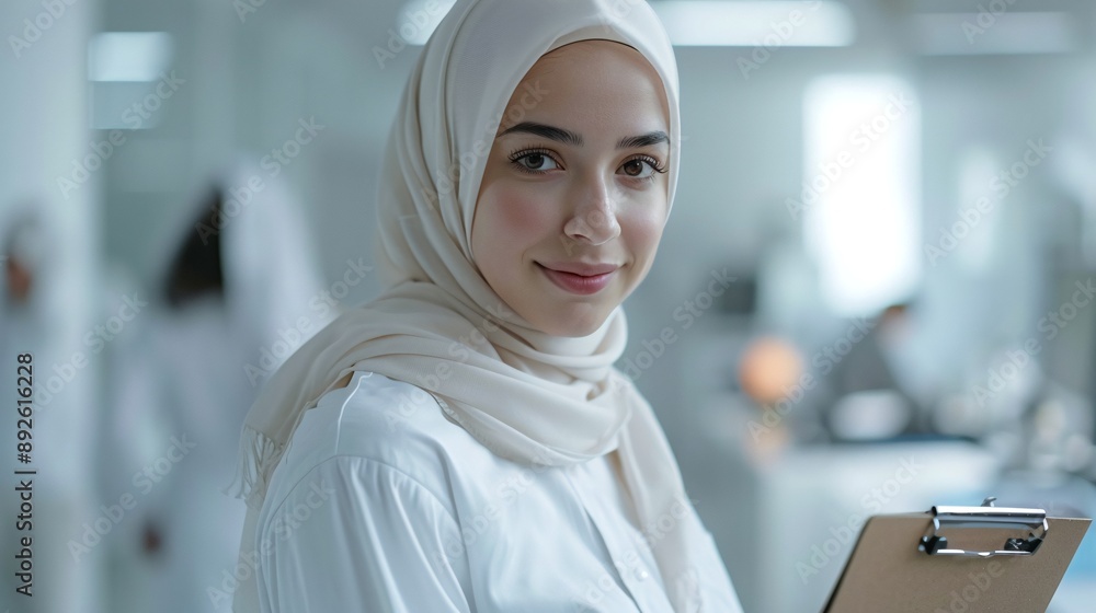 Hijab girl holding a clipboard, clean minimal office, seeing in camera, white setting, ultra-wide angle shot, professional photography. Hijab girl holding a clipboard, clean minimal office, seeing in camera, white setting, ultra-wide angle shot, professional photography.