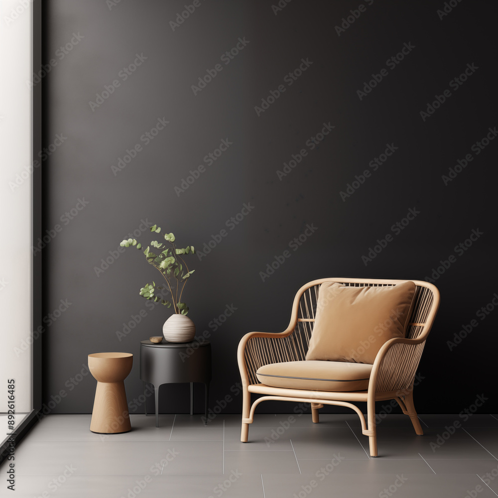 Modern Living Room Interior with Rattan Chair and Black Wall Modern Living Room Interior with Rattan Chair and Black Wall